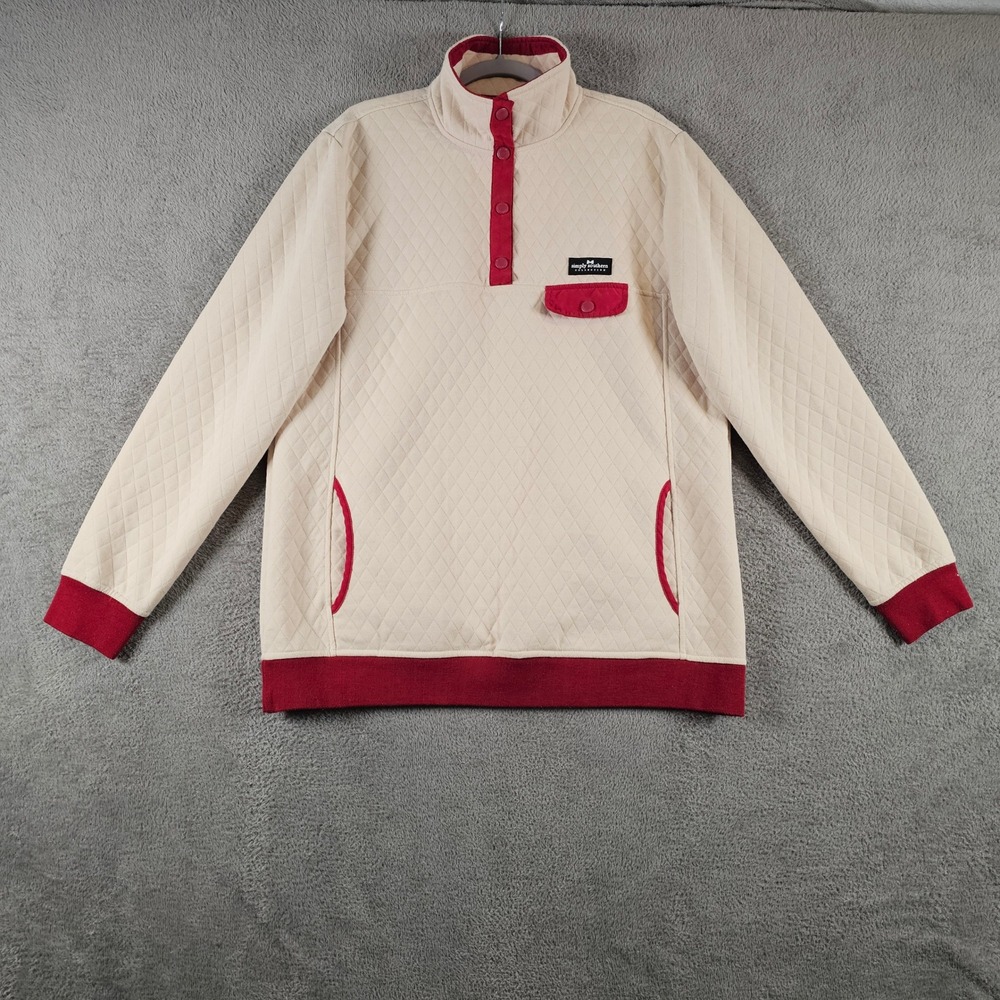 Simply Southern Womens XL Quilted Pullover Cream Red Snap Mock Neck Sweatshirt